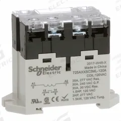 SCHNEIDER Enclosed Power Relay: DIN-Rail & Surface Mounted, 30 A Current Rating, 120V AC, SPST-NO (MPN 725AXXSC3ML-120A). Key specifications — attr211321: SCHNEIDER; attr864602: DIN Rail & Top Flange; attr864634: Screw Terminal; attr864642: 725AXXSC3ML-120A; attr869492: 30 A at 240V AC (Resistive Load); attr934629: Harmony™ 725 Power Series.