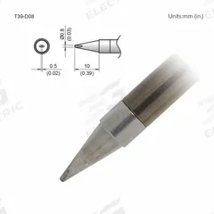 HAKKO Soldering Tip: T39 Series, Chisel, 0.8 mm W, 10 mm Lg (MPN T39-D08). Key specifications — Brand: HAKKO; Compatible Handpiece Manufacturer Model Number: FX-9702; Manufacturer Part Number: T39-D08.