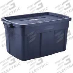 RUBBERMAID Storage Tote: 31 gal, 32 1/4 in x 20 3/8 in x 16 3/4 in, Dark Blue/Metallic Body, Blue (MPN RMRT310000). Key specifications — Material: Plastic; Edge/Corner Design: Rounded; Body Color: Dark Blue/Metallic; Lid Color: Dark Blue/Metallic; Brand: RUBBERMAID; NSF Certified: Not NSF Certified; Nestable: Nesting Capable.