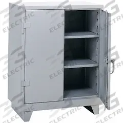 LYON Storage Cabinet: 36 in x 21 in x 46 in, Swing Handle & Padlock Hasp, 14 ga Panel Thick, Legs (MPN DD1110). Key specifications — attr62698: Gray; attr62736: Welded; attr87895: Legs; attr62693: Assembled; attr62737: Stationary; attr62694: Adjustable; attr62695: Powder Coated; attr62696: Steel.
