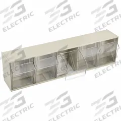 AKRO-MILS Tip-Out Bin: 5 3/8 in x 23 5/8 in x 6 1/2 in, Frame/Freestanding/Rail/Wall, Beige, 5 Bins (MPN 06705). Key specifications — Brand: AKRO-MILS.