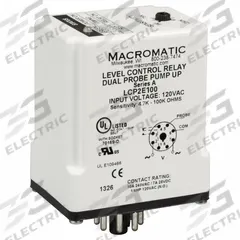 MACROMATIC Liquid Level Relay: Socket Mounted, Dual Probe, 10 A Current Rating, 120V AC, Pump Up (MPN LCP2E100-G). Key specifications — Contact Rating (AC): 10 A @ 240V AC; Contact Rating (DC): 7 A @ 28V DC; Electrical Connection: 8-Pin Terminal; Mounting Style: Socket; Number of Probes: Dual Probe; Relay Function: Pump Up; Brand: MACROMATIC.