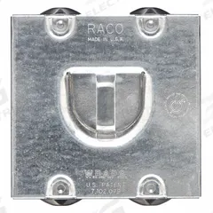 RACO Electrical Box Cover: 2 Gangs, Raised, 3/4 in Raised Ht, For Rectangular Box Shape, Steel (MPN 702RD). Key specifications — Brand: RACO; For Box Shape: Rectangular; Material: Steel; Cover Design: Raised.