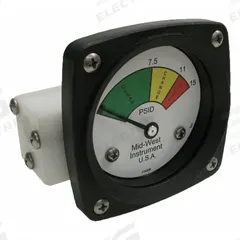 MIDWEST INSTRUMENT 3-Color Differential Pressure Indicator: 1,000 psig Max. Static Pressure, 522 (MPN 522P-015V). Key specifications — Brand: MIDWEST INSTRUMENT; Accuracy: ±5% of Full Scale; Sensor Material: Viton; Housing Material: Acetal Plastic; Transition Points: 0 psid to 7.5 psid (Green) / 7.5 psid to 11 psid (Yellow) / 11 psid to 15 psid (Red).