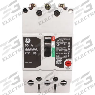 GE Molded Case Circuit Breaker: 50 A Amps, 65kA at 277/480V AC, Fixed, Lug - TEY-Frame GE Molded Case Circuit Breakers