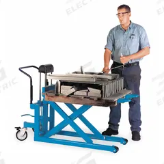 BISHAMON High-Lift Pallet Jack: 1,000 lb, Push Button, Narrow Fork, 43 in L x 21 in W Forks (MPN LVE-50E). Key specifications — Lift Control: Push Button; Brand: BISHAMON.