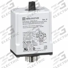 SCHNEIDER Single Function Time Delay Relay: Socket Mounted, 120V DC, 10 A, 11 Pins/Terminals (MPN 9050JCK27V20). Key specifications — Contact Rating (AC): 10 A @ 120/240V; Brand: SCHNEIDER.
