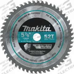 MAKITA Circular Saw Blade: 5 7/8 in Blade Dia., 52 Teeth, 0.06 in Cut Wd, 5/8 in Arbor Size, Carbide (MPN A-96126). Key specifications — attr1116119: MAKITA; attr1145631: Soft Metals.