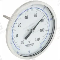 ASHCROFT Dial Thermometer: -20°F to 120°F /-30°C to 50°C, ±1% Accuracy, 4 in Stem Lg, 5 in Dial Dia (MPN 50EI60R). Key specifications — Accuracy: ±1 %; Brand: ASHCROFT.
