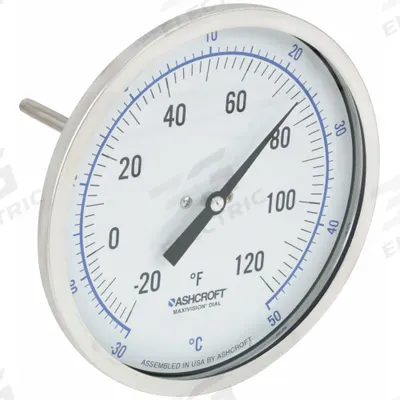 ASHCROFT Dial Thermometer: -20°F to 120°F /-30°C to 50°C, ±1% Accuracy, 4 in Stem Lg - Back-Mount Fixed-Angle Thread-Mount Dial Thermometers