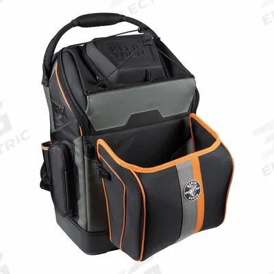 KLEIN TOOLS Tool Backpack: 15 in W 9 1/2 in D 24 in H, Polyester, Black/Gray/Orange - Fire-Retardant Ballistic Polyester Backpacks