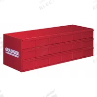DURHAM MFG Drawer Bin Cabinet: 33 3/4 in x 11 3/4 in x 11 in, 18 Drawers, Stackable, Steel, Gray (MPN 005-17-S1157). Key specifications — Cabinet Material: Steel; Includes Dividers: No; Drawer Color: Red; Cabinet Style: Drawer; Drawer Inside WxDxH: (18) 4-7/8 in x 11-1/4 in x 2-3/4 in; Cabinet Color: Gray; Drawer Material: Steel; Brand: DURHAM MFG.