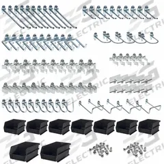 TRITON PRODUCTS Hooks and Hanging Bins: 1/4 in_1/8 in Peg Hole, For 1 in Pegboard Hole Spacing (MPN 76995). Key specifications — Finish: Zinc-Plated; Color: Silver; For Tool Type: Multiple; Includes: (5) 5 in Double C-Shapes; Locking System: Screw-In; Mounting Type: Surface; Material: Steel; Accessory Type: Hook and Bin Assortment Kit.
