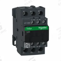 SCHNEIDER IEC contactor: Non-Reversing, 3 Poles, 3NO Contacts, 38 A, 110V AC Coil (MPN LC1D38F7). Key specifications — Brand: SCHNEIDER; Integrated Surge Suppression: No.