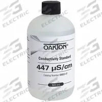 OAKTON Conductivity Calibration Solution: ACS, 500 mL Volume, Liquid, 447 microsiemens, Plastic, 1 (MPN WD-00653-47). Key specifications — Brand: OAKTON; CAS Number: 7732-18-5; Chemical Family Type: Solution; Chemical Grade: ACS; Concentration: 447 microsiemens; Container Material: Plastic; Container Type: Bottle; Form: Liquid.