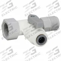 PARKER Manual Three-Way Ball Valve: 1/2 in, Polypropylene, Cross Flow, Push x MNPT x FNPT, One-Piece (MPN LFPP6VAS8). Key specifications — Brand: PARKER; Handle: Lever.