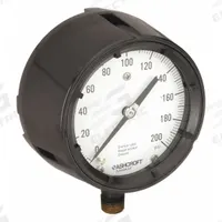 ASHCROFT Process Pressure Gauge: 0 psi to 200 psi, White, 4 1/2 in Dial, 1/2 in NPT Male, Bottom (MPN 451279AS04L200#). Key specifications — Brand: ASHCROFT; Pointer Color: Black; Accuracy: ±0.5%; Dial Color: White; Gauge Wetted Parts: Brass / Bronze; Case Material: Phenolic; Vibration Resistance Properties: None; Pressure Range: 0 psi to 200 psi.
