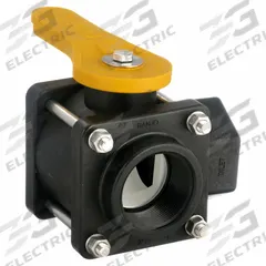 BANJO Manual Three-Way Ball Valve: 2 in, Polypropylene, L Flow, FNPT x FNPT x FNPT, Three-Piece (MPN V200SL). Key specifications — Brand: BANJO; Handle: Lever.