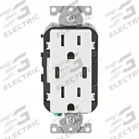 USB Receptacle: Decorator Duplex, 5-15R, USB Type C, White, 125V AC, 15 A (MPN T5637-W). Key specifications — Brand: LEVITON.
