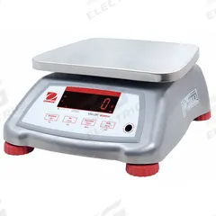 OHAUS Food Scale: 7 1/2 in Weighing Surface Dp, 9 1/2 in Weighing Surface Wd, 4 7/8 in Overall Ht (MPN V41XWE3T). Key specifications — Readability: 0.002 lb/1 g; Brand: OHAUS; IP Rating: IPX8.