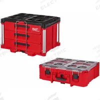 MILWAUKEE PACKOUT Cart and Tool Box: Polymer, Black/Red, 22 1/4 in W x 14 1/4 in H x 14 1/4 in D (MPN 48-22-8443, 48-22-8432). Key specifications — attr1117293: MILWAUKEE; attr1117310: Padlock; attr1117382: Polymer; attr1117383: Black; attr1117271: (1) Deep Organizer.
