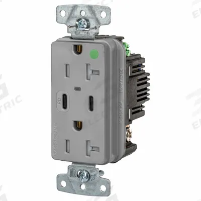 HUBBELL Receptacle: Duplex, 5-20R, 2 USB Ports, USB Type A/C, Gray, 125V AC - Hospital-Grade Receptacles with USB Chargers