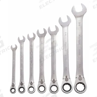 WESTWARD Combination Wrench Set: Alloy Steel, Satin, 7 Tools - SAE 12-Point Ratcheting Combination Wrench Sets