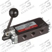 ARO Manual Air Control Valve: E, Four-Way / Three-Position, Lever, Black, 26 scfm Flow Rate - Max (MPN E512LM). Key specifications — attr1086881: Closed; attr1092903: Black; attr1086905: Manual Return; attr1086907: E; attr1086914: Normally Closed; attr1086904: Manual Air Control Valve; attr1086871: E512LM.