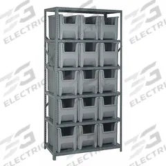 QUANTUM STORAGE SYSTEMS Bin Shelving: 36 in x 18 in x 75 in, 1 Sided, 15 Bins, Open, Gray, 6 Shelves (MPN QSBU-600GY). Key specifications — Includes Bins: Yes; Bin Material: Polypropylene; Frame Color: Gray; Bin HxWxD: (15) 12-1/4 in x 8 in x 15-5/8 in; Frame Material: Steel; Bin Color: Gray; Bin Style: Hang and Stack; Brand: QUANTUM STORAGE SYSTEMS.