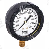 SPAN Pressure Gauge with Internal Seal: 0 psi to 5,000 psi, LFS-210, 2 1/2 in Dial, Buna-N, Brass, 4 (MPN LFS-210-5000-G-KEMX). Key specifications — Brand: SPAN; Gauge Case Liquid: Glycerin; Seal Fill Liquid: Instrument Oil; Seal Lower Housing Material: Brass; Accuracy: ±1.00%; Pressure Range: 0 psi to 5,000 psi; Gauge Wetted Parts: Brass / Copper.