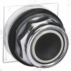 SCHNEIDER Flush Push Button: Black, 30 mm Mounting Size, Metallic, Momentary (MPN 9001KR1B). Key specifications — Brand: SCHNEIDER; Action: Momentary; Series: 9001K; Push Button Material Type: Metallic.