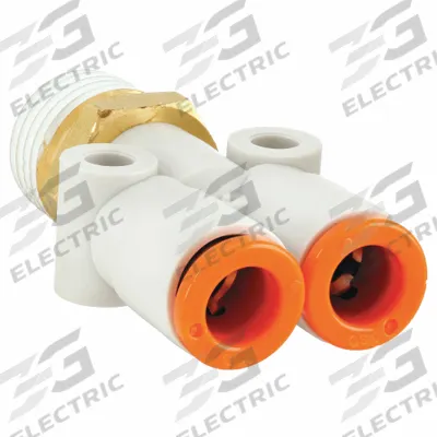 SMC Push-Fit Wye Fitting: 3/8 in OD x 3/8 in OD x 1/4 in Pipe x 3/8 in Pipe Size - Polybutylene & Brass Tube Fittings