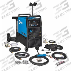 MILLER ELECTRIC Multiprocess Welder: Multimatic 235, DC, MIG/Stick/TIG Pack w/Running Gear (MPN 951847). Key specifications — Maximum Amperage (Stick): 200 A; Maximum Amperage (TIG): 210 A; Input Voltage (Nominal) (Merch - Table Column, Filters): 208V.