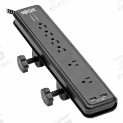 TRIPP LITE Outlet Strip: 6 Outlets, 8 ft Cord Lg, 2,100 J Rated Energy, 15 A Current, Black, 5-15P (MPN TLP608DMUAM). Key specifications — Brand: TRIPP LITE; Mounting Style: Clamp.