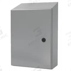 WIEGMANN Sloped Top Enclosure: Steel, 36 in x 36 in x 12 in, NEMA 12/13/3R/4, Solid Cover, Hinged (MPN N412363612CST). Key specifications — Closure Method: 1/4-Turn Latch; Brand: WIEGMANN; Knockouts: Not Included.