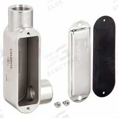 Conduit Outlet Body: Stainless Steel, 1 1/2 in Trade Size, LR Body, 35 cu in Body Capacity (MPN S61500LR00). Key specifications — Finish: Polished; For Use With: EMT; Brand: CALBRITE; Hub Style: Threaded.
