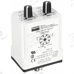 DAYTON Single Function Time Delay Relay: Socket Mounted, 240V AC, 10 A, 8 Pins/Terminals (MPN 24EP43). Key specifications — Brand: DAYTON.