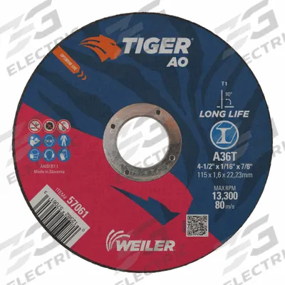 WEILER Abrasive Cutoff Wheel: Type 1, 4 1/2" x 1/16" x 7/8", Aluminum Oxide, 36 Grit - General Purpose Cut-Off Wheels for Carbon & Stainless Steel