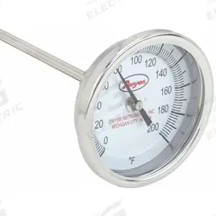 DWYER Long Reach Dial Thermometer: 0°F to 200°F, +/- 1% Accuracy, 3 in Dial Dia, 1/2 in Thread Size (MPN BTLRN318101). Key specifications — Accuracy: +/- 1%; Housing Material: Stainless Steel; Brand: DWYER.