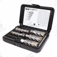 SLUGGER BY FEIN Annular Cutter Set: 1 in Max Cutting Dp, Pilot Pin Included, Bright (Uncoated) (MPN 63134999015). Key specifications — attr253884: Yes; attr253885: Bright (Uncoated); attr253886: High Speed Steel; attr253887: Weldon Flat; attr253888: Fractional Inch; attr253891: 9/16 in; attr277149: SLUGGER BY FEIN.
