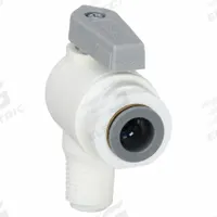 PARKER Manual Two-Way Ball Valve: 3/8 in, Polypropylene, Angle, Push x MNPT, Full Port Ball Port (MPN LFPP6VME4). Key specifications — Brand: PARKER; Handle: Lever.