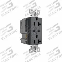 USB Receptacle: Duplex, 5-15R, 2 USB Ports, USB Type C, Gray, 125V AC, 20 A (MPN TR20USBPDG). Key specifications — Brand: PASS & SEYMOUR.