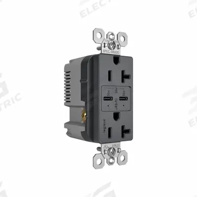 PASS & SEYMOUR Receptacle: Duplex, 5-15R, 2 USB Ports, USB Type C, Gray, 125V AC - Weather-Resistant Receptacles with USB Chargers