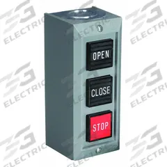 SQUARE D Control Station: (3) Push Buttons, 0 Pilot Lights, 2NO/3NC, Open/Close/Stop, (3) Momentary (MPN 9001BG303). Key specifications — attr1022946: Open/Close/Stop; attr1022956: (2) Black; attr211290: SQUARE D; attr1042017: Indoor Use Only; attr1089900: (3) Push Buttons.