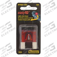 BUSSMANN Automotive Fuse: MAX Series, Fast-Acting, 50 A, 32 V DC, Indicating (MPN BP/MAX-50ID). Key specifications — Series: MAX; Brand: BUSSMANN; Fuse Profile: Standard Profile.