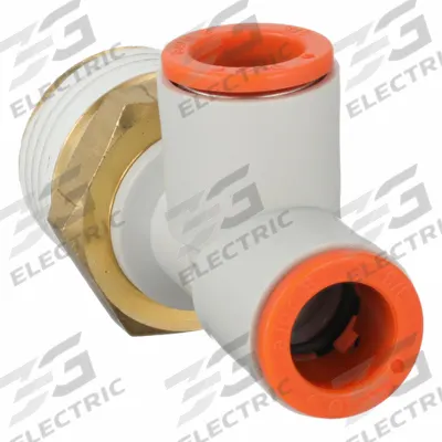 SMC Push-Fit Tee Fitting: 1/2 in Pipe x 3/8 in OD x 3/8 in OD x 1/2 in Pipe Size - Polybutylene & Brass Tube Fittings