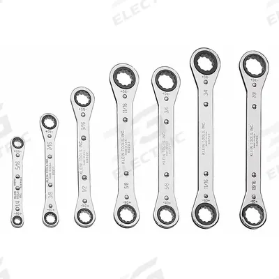 KLEIN TOOLS Box End Wrench Set: Alloy Steel, Chrome, 7 Tools - SAE, Double End, 12-Point, Ratcheting Box End Wrench Sets