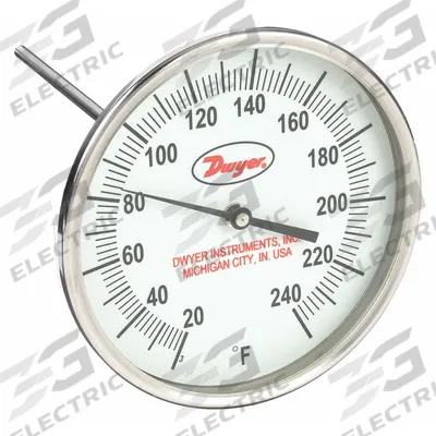 Dwyer Glow-in-the-Dark Dial Thermometer: 20°F to 240°F, +/- 1% Accuracy, 5 in Dial Dia - Adjustable-Angle Glow-in-the-Dark Thread-Mount Dial Thermometers