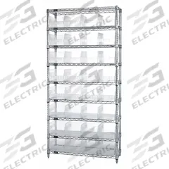 QUANTUM STORAGE SYSTEMS Bin Shelving: 12 in x 36 in x 74 in, 1 Sided, 32 Bins, Open, Shelf Bin (MPN WR9-207CL). Key specifications — Includes Bins: Yes; Bin Material: Polypropylene; Frame Color: Silver; Bin HxWxD: (32) 6 in x 8-3/8 in x 11-5/8 in; Frame Material: Steel; Bin Color: Clear; Bin Style: Shelf; Brand: QUANTUM STORAGE SYSTEMS.