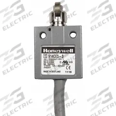 HONEYWELL Non Plug-In Limit Switch: Cross Roller Plunger, Metallic, 914CE (MPN 914CE3-3). Key specifications — attr1019632: HONEYWELL; attr1019639: 3 ft Cable; attr1023447: 914CE.